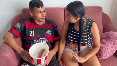 Guy surprises shy Latina stepsis with huge cock in KFC bucket on couch