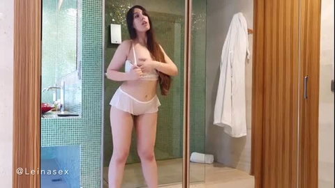 Leina Sex teasing in white lingerie by shower mirror