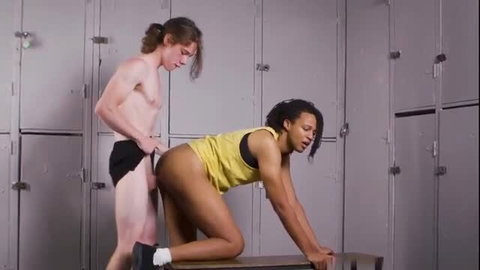 Fit white guy with ponytail gropes thick black girl's big ass in gym locker room