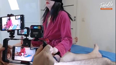 Ally blindfolded in robe, foot play threesome MFM with friend