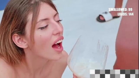 brunette bride in gown swallows cum from glass in bukkake cumpilation