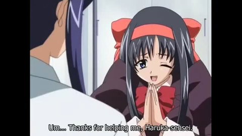 Cute Japanese schoolgirl Hayate thanks Haruka-sensei, bowing in uniform