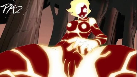 PK2 blonde alien girl with glowing red energy body masturbating in forest