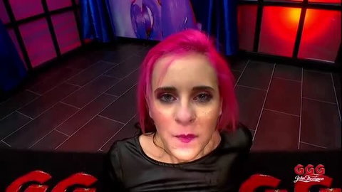 Pink-haired German JT in GGG bukkake, glossy lips closeup