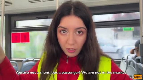 Katty West as bus conductor argues with passenger, hi-viz vest
