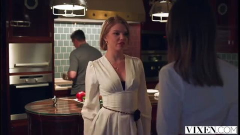 Avrora Meey in sexy white dress in kitchen with coworker