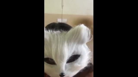 Nasty Kitten in white fox mask craves milk, seductive furry fetish tease