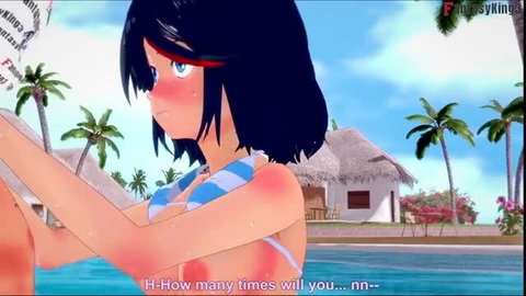 Ryuko Matoi bikini beach tease, flushed anime hentai girl