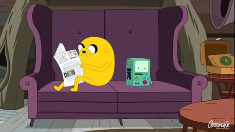 Finn reading newspaper with BMO on couch in Cartoonsaur adult parody