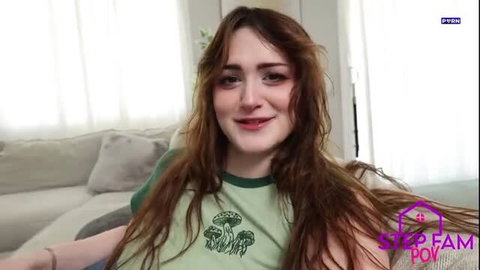 Lilibet Saunders in mushroom tee, smiling at camera in Step Sis POV