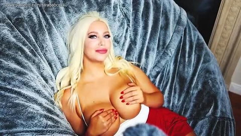 Blonde babe Tababcck big tits on beanbag in lingerie