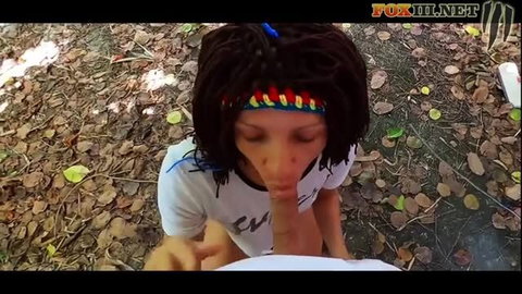Dreadlocked black girl sucking cock outdoors in amateur POV oral