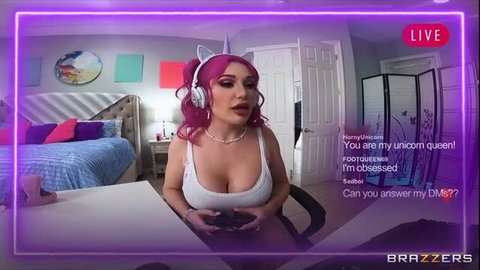 Pink-haired cam slut Lily streams in unicorn ears, huge tits spilling from tank top