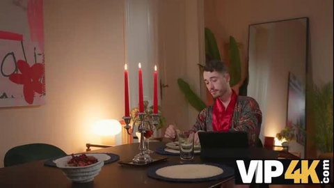 Alex Romero in silk kimono at candlelit dinner, gay teasing thumbnail