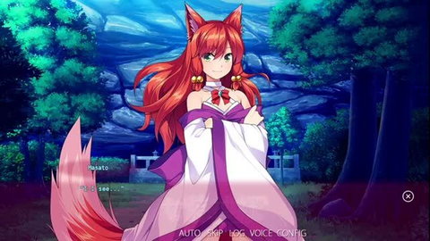 Redhead fox girl kitsune in revealing pink kimono, seductive forest shrine pose