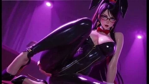 Bayonetta bunny girl in shiny latex corset, glasses, seductive pose tease