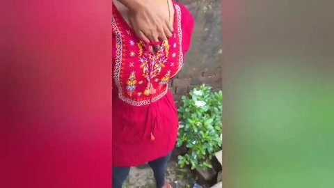 Rajiya in red embroidered top, teasing outdoor in tight jeans