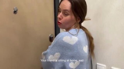 Russian Mommy in blue sweater pouting by door, cheating tease