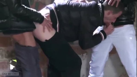 Hot gay gangbang: men groping asses and cocks in outdoor alley