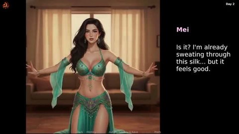 Mei in sexy green silk belly dancer outfit sweating seductively