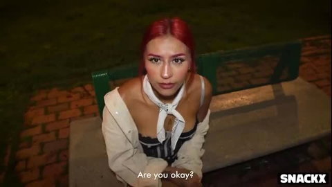 Redhead petite teen in lingerie kneels asking 'Are you okay?'