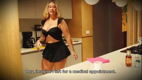 Blonde curvy Cata Sanchez in skimpy black bikini skirt in kitchen