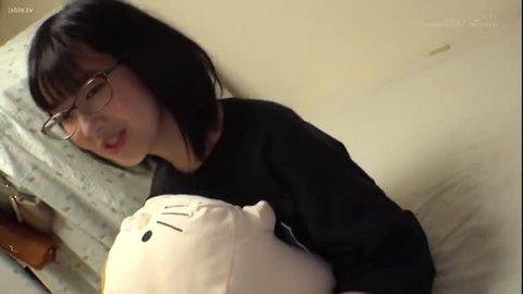 Fumika 20yo JAV girl glasses off nude on bed, hands on slim body B-cup tits