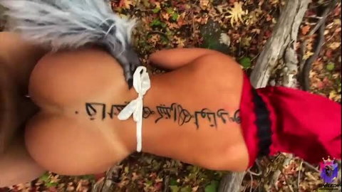 Yinyleon sexy fox tail butt plug tattoo back in red hood forest tease