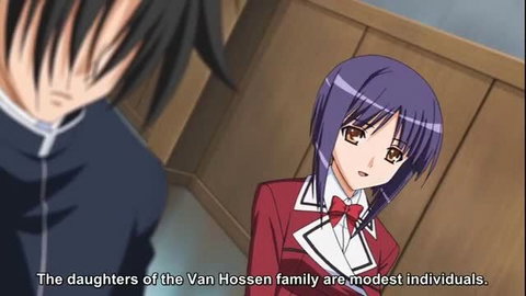 Purple-haired anime girl in red school uniform with male classmate from Princess Lover OVA