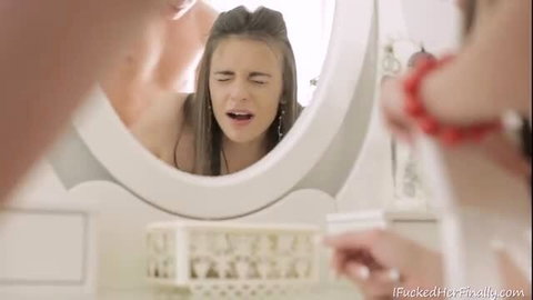 Luda moans in mirror as guy fucks her from behind, massive tits bouncing