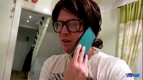 Liz Rainbow as nerd pervert on phone call in glasses and wig