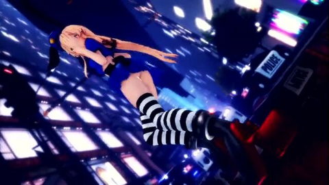Shimakaze MMD hentai in blue police dress, thighhighs, cyberpunk city