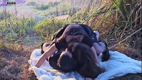 Girlfriend in mini skirt dominated outdoors on fur blanket