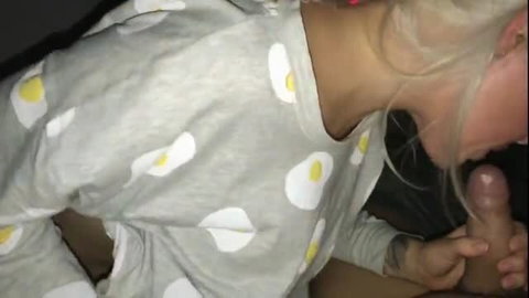 Blonde amateur babe in egg PJs sucking cock closeup homemade