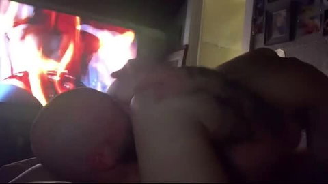 Bald guy facefucks big tits brunette in dim room amateur blowjob