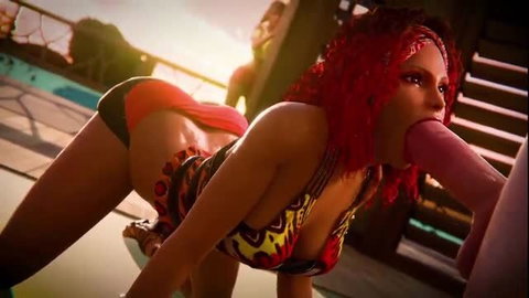 Naomi with red hair sucking cock at poolside in bikini