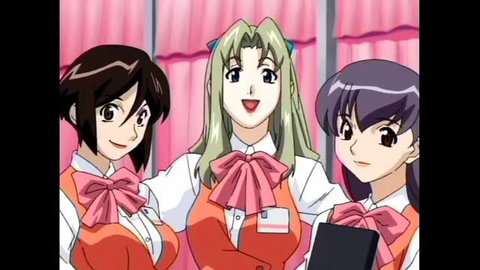 Three busty anime girls in orange lingerie office uniforms smiling together