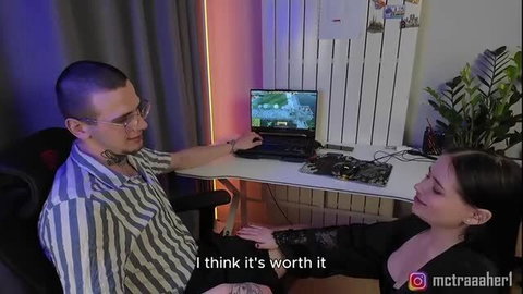 Tattooed guy at PC gets virginity taken by busty brunette girlfriend