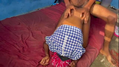 Mrinnocent girlfriend in blue shorts gets massaged nude ass on red mat