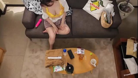 Marui Ria K-cup busty wife on couch with vibrator, huge tits exposed