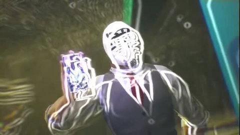 Leep App masked in suit holds glowing phone with Bibi-chan, neon cyber vibe
