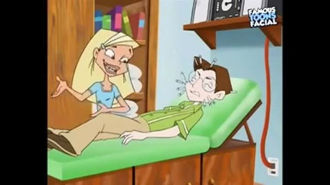 Braceface Sharon Spitz giving facial to cartoon patient on exam table