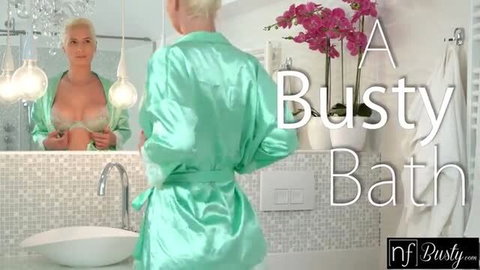 Sharon White in sheer green satin robe, busty cleavage in mirror