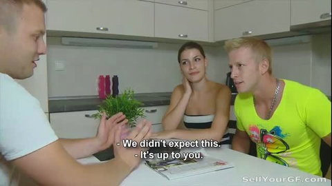 Hot brunette babe in kitchen offered cash for anal sex threesome