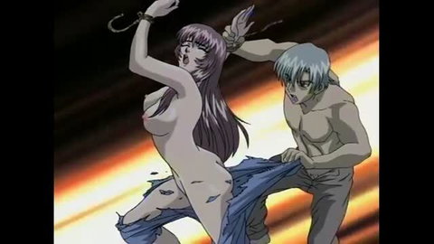 Anime hentai girl chained naked, ripped skirt pulled by muscular guy