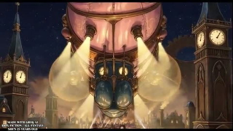 Steampunk airship fantasy scene with spotlights over gothic cityscape