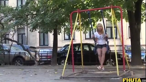 Blonde Jessica Miller on swing in tiny shorts, hot ass upskirt view