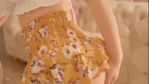 Asian babe in floral mini skirt twerking huge ass side view