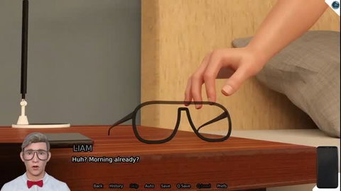 Nerdy Liam waking up in Sexbot Two Recalibrated Part 4 adult game scene