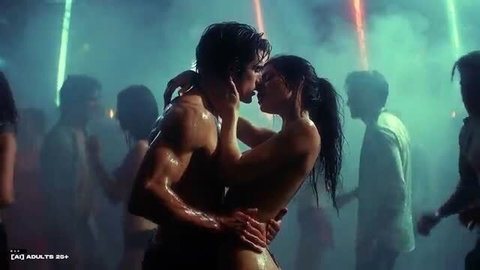 Wet nude ravers kissing passionately at erotic rave party